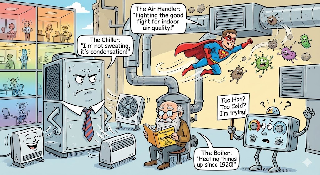 Commercial Hvac Companies Cartoon Explainer For HVAC Repair Services in Commercial, Industrial, Office Buildings, and Strip Malls